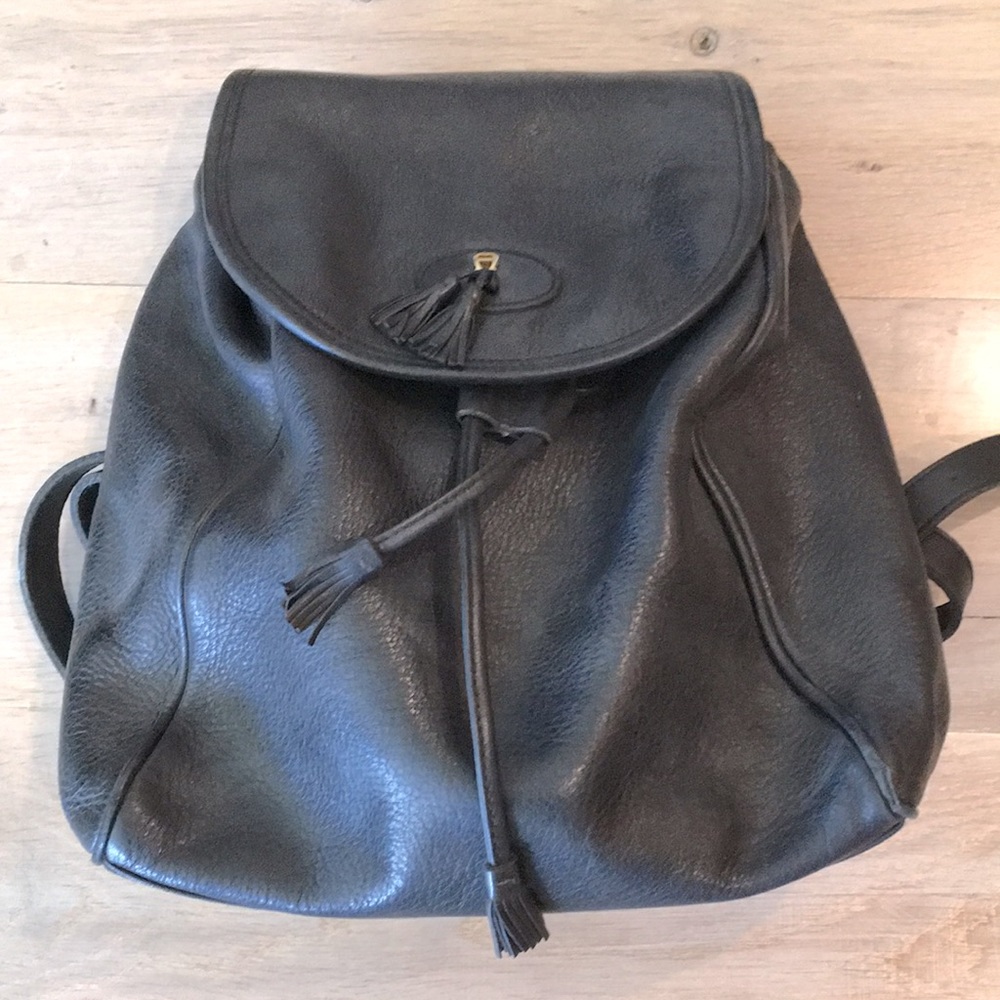 Classic Black Leather Tassel Drawstring Backpack